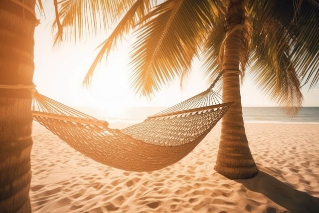 Wicker hammock on beach with palm trees, created using generative ai technology. Vacation at the beach in a wicker hammock concept digitally generated image.