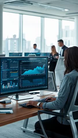 Vertical Office Video Showing Analyst Reviewing Data Dashboards as Team Enters