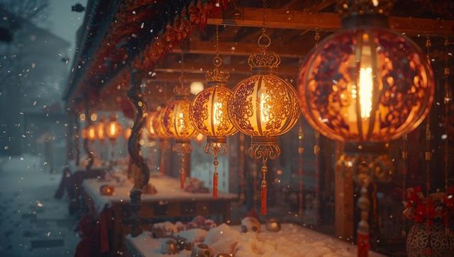 Ornate lanterns glowing in festive winter courtyard atmosphere