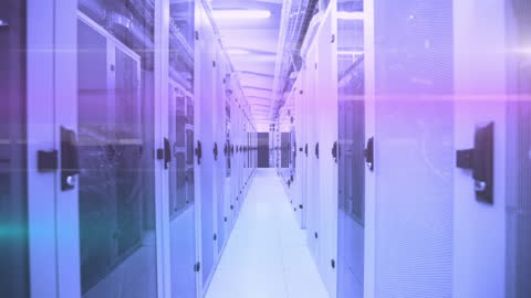 Futuristic Server Room with Glowing Digital Interface