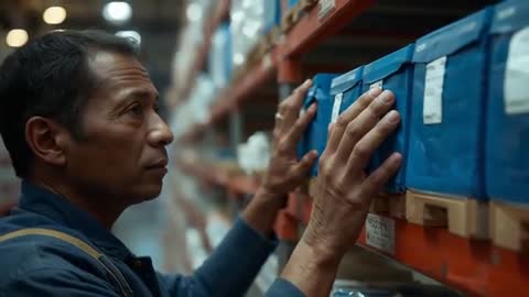 Worker Organizing Inventory in Warehouse Aisle