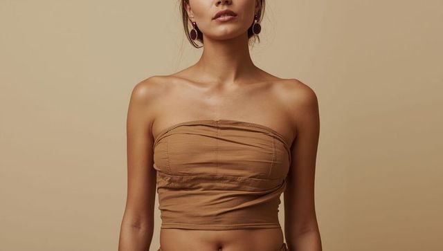 Sophisticated woman wearing strapless brown outfit in elegant studio setting