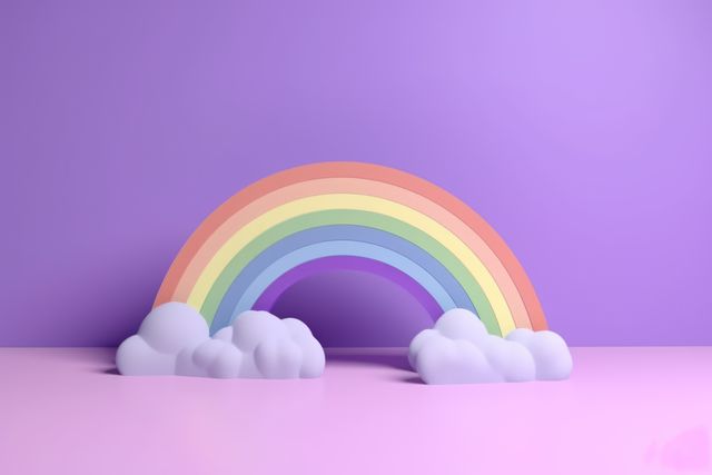 Colorful rainbow with white clouds on purple background created using generative ai technology. Rainbow and colours concept digitally generated image.