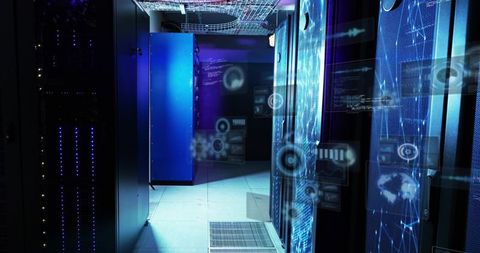 Futuristic data center server racks with holographic HUD overlays and blue LED lighting