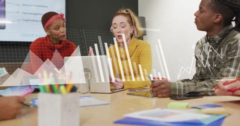 Diverse Team Discussing Data Analysis with Virtual Graphs