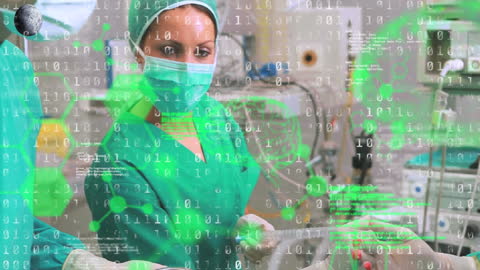 Surgeons in Operating Room with Binary Code Overlay