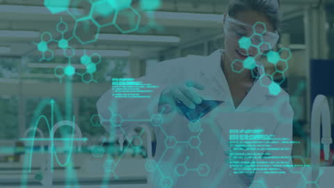 Innovative Female Scientist Analyzing Data with Advanced Technology in Lab