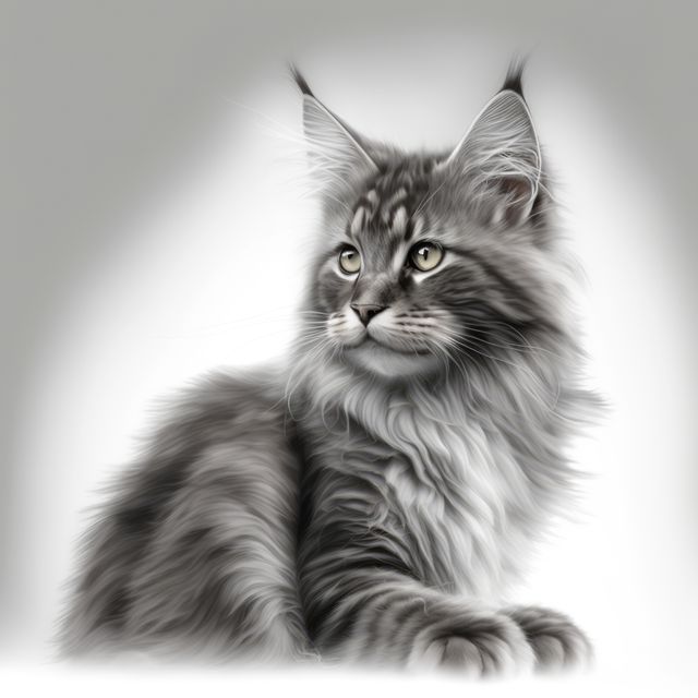 Beautiful Maine Coon cat with fluffy gray fur and long whiskers sitting in natural light. Ideal for use in pet advertisements, animal care campaigns, or pet-related blog posts. Highlights the elegance and majesty of Maine Coon cats.