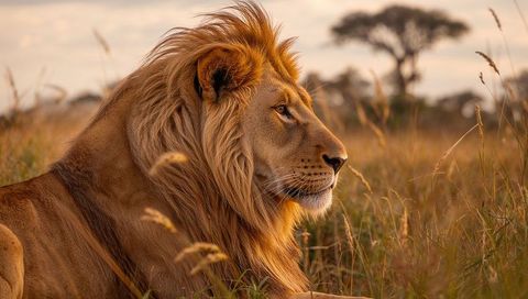 Majestic male lion relaxing in serene savannah at sunrise