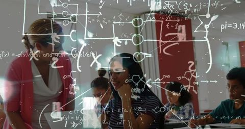 Teacher Assisting Student Among Digital Math Formulas