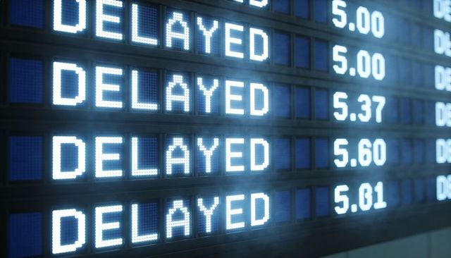Airport Departure Board Cycling DELAYED Alerts on Blue LED Matrix for Travel Disruption