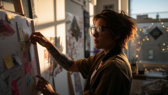 Creative woman with glasses arranging sticky notes on moodboard in sunlit home studio