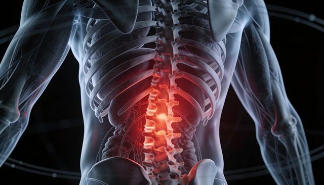 Lumbar spine highlighting lower back pain anatomy with glowing vertebrae and nerve detail