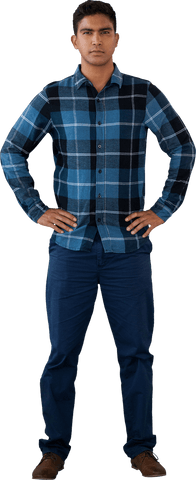 Confident Man in Blue Plaid Shirt Standing Transparent Background