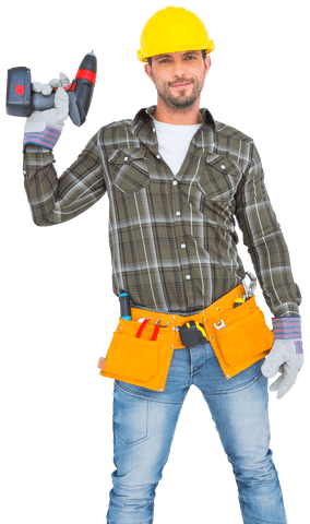 Handyman wearing tool belt holding power drill on transparent background