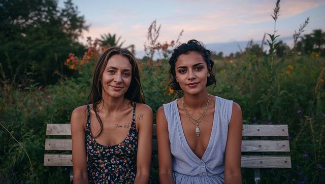 Two women sitting on bench in wildflower meadow at dusk sharing quiet conversation