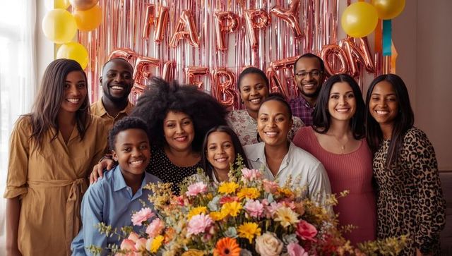 Joyful Family Gathering with Festive Balloons and Flowers