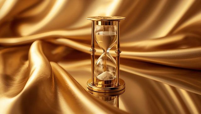 Elegant gold hourglass with satin drapes symbolizing time and luxury