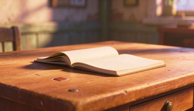 Open Lined Notebook on Worn Wooden Desk with Sunlit Highlights, Rustic Patina and Cozy Study Mood