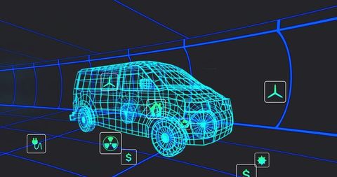 Neon wireframe van navigating virtual tunnel with floating tech icons and holographic ui