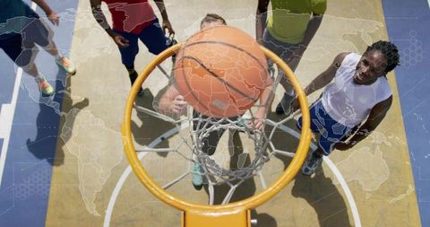 Overhead basketball shot swishing through hoop on outdoor court with players and world overlay