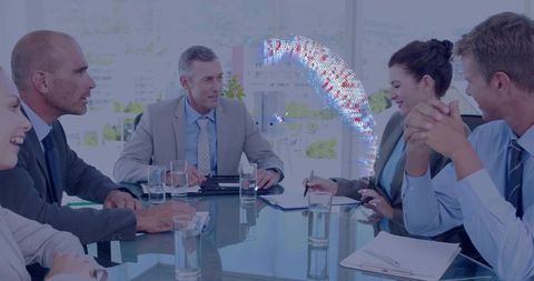 Senior Executive Leading Board Meeting Around Glass Table with Digital Data Overlay