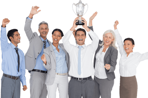 Happy diverse team celebrating with trophy on transparent background