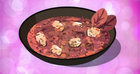 Rustic tomato stew with mozzarella chunks in black pan on vibrant purple background