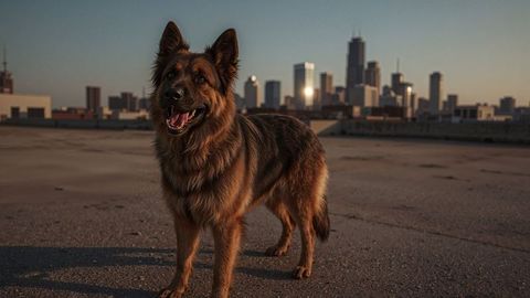 German shepherd barking dog alert on urban rooftop during sunset