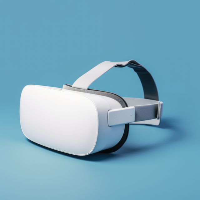 White VR headset on a solid light blue background. Suitable for technology advertisements, showcasing modern tech gadgets, articles or blog posts about virtual reality advancements, and presentations on digital innovation.