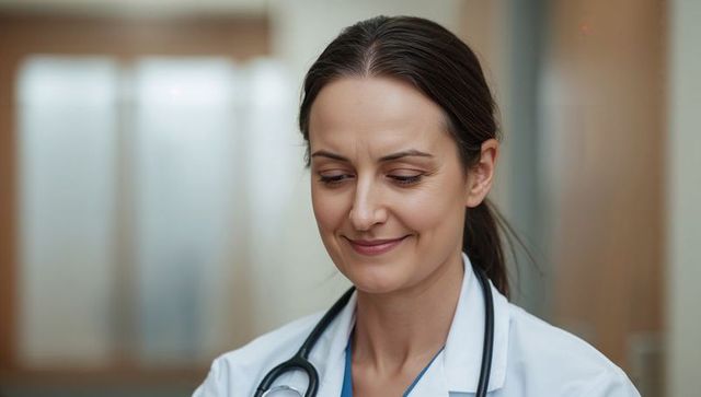 Calm female physician wearing white coat and stethoscope smiling in hospital corridor