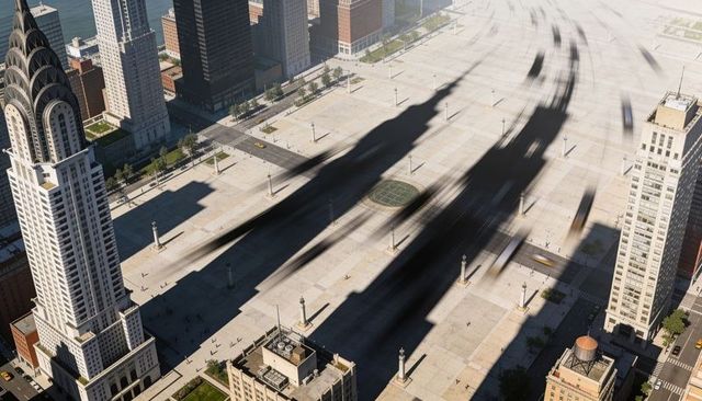 Skyscraper shadows stretching across sunlit city plaza, aerial skyline silhouettes