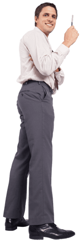 Happy Caucasian Businessman Holding Pen Transparent Background