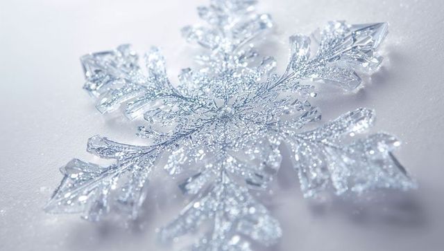 Glittering Crystal Snowflake Macro Closeup Resting on White Surface with Sparkling Ice
