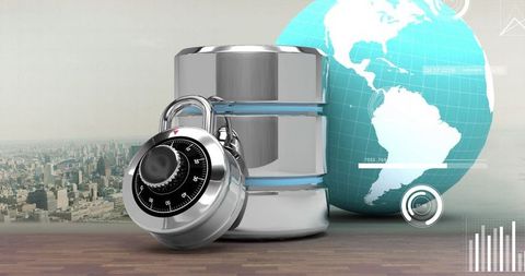 Data Security Concept with Padlock and Globe over Cityscape