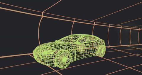 Neon wireframe sports sedan in futuristic curved grid tunnel for 3d visualization