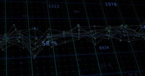 Streaming data network with interconnected wireframe nodes, neon analytics grid and dashboard