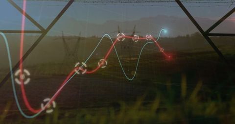 Digital graph overlay with curves on rural farmland at dusk