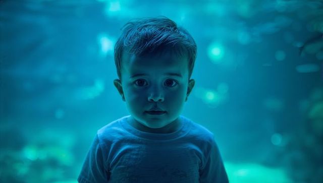 Young boy gazing at aquarium with turquoise bokeh lights, moody soft underwater portrait