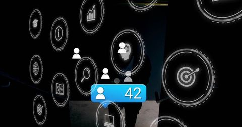 Businessman observing futuristic holographic interface with social notification 42