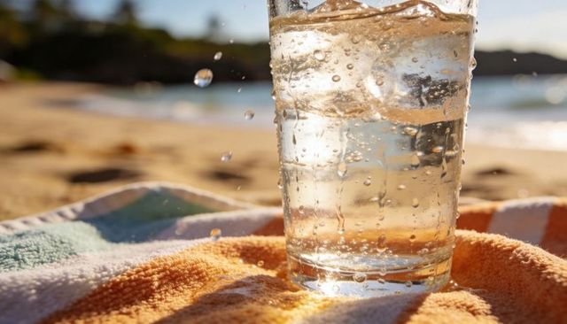 Sunlit glass of iced water splashing on striped towel at golden hour beach, summer refreshment