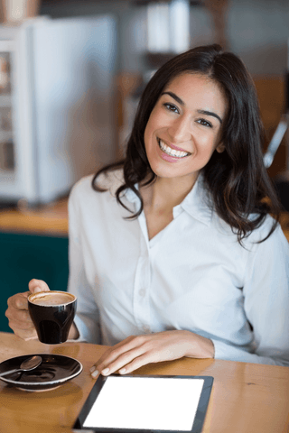 Transparent Portrait of Happy Woman with Coffee in a Café