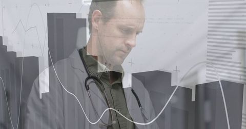 Doctor Analyzing Data with Stethoscope and Digital Overlay