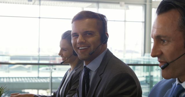 Business team in call center with headsets smiling - Download Free Stock Images Pikwizard.com