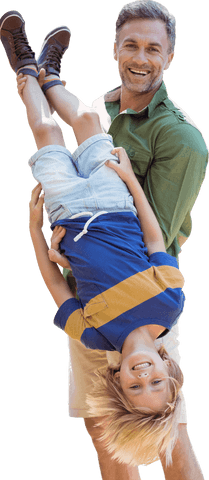 Joyful father holding son upside-down transparent background