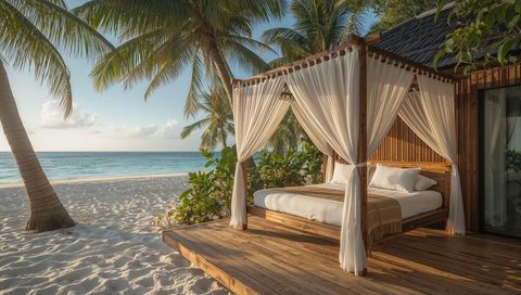 Tropical beachfront canopy bed with sheer curtains on wooden deck overlooking ocean resort villa