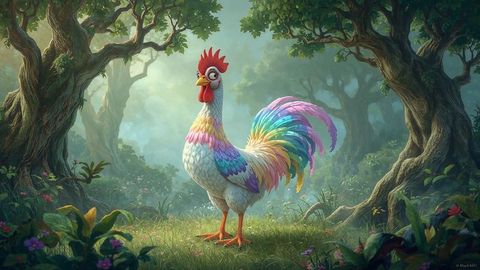 Vibrant cartoon chicken strutting in mystical forest clearing