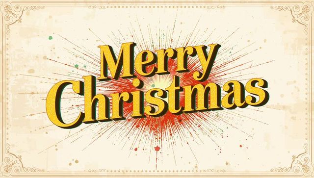 Merry Christmas Retro Gold 3D Lettering with Red Splatter on Vintage Textured Beige