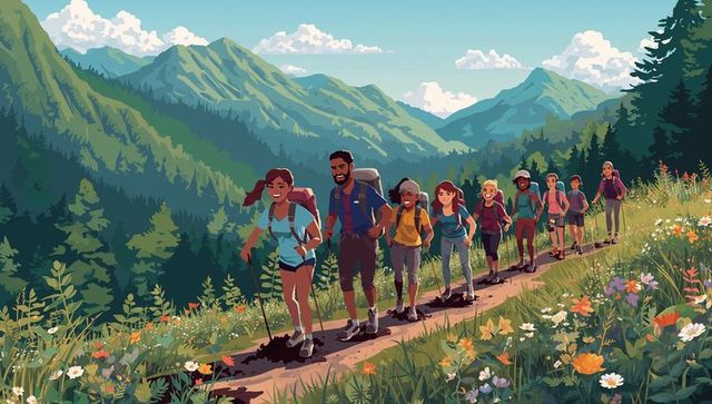 Group of Enthusiastic Hikers Trekking in Scenic Alpine Meadow