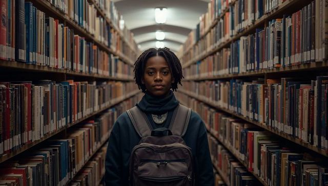 Black student standing in library aisle wearing backpack and statement necklace